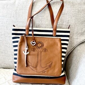 Brighton Sea to Shore Navy and White Striped Tote with Brown Anchor Accent
